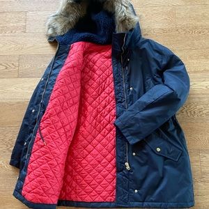 J Crew women’s navy parka with Primaloft, faux-fur hood
